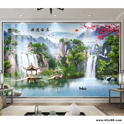 諾曼 左右逢源山水瀑布風景畫 高清大型山水壁畫 瓷磚背景磚 定制客廳背景墻 家庭客廳背景墻壁畫 涼亭池塘風景畫瓷磚背景墻