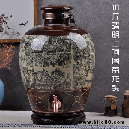 日式泡酒壇復(fù)古陶瓷罐酵素桶冷水壺帶水龍頭密封罐商用家用